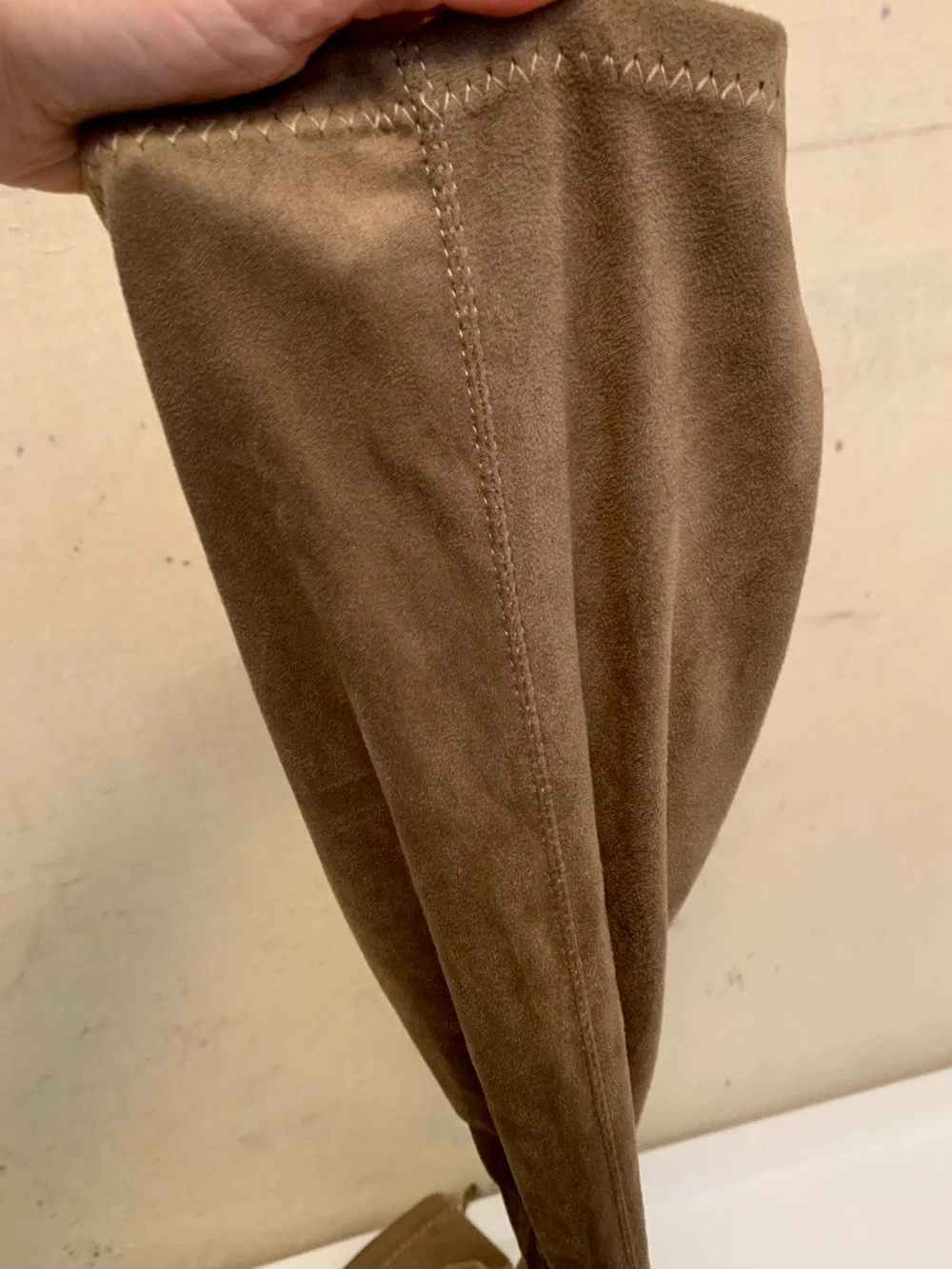 Tall Tan Suede Platform Boots  - Women's Thigh-High Heels, Size 7.5